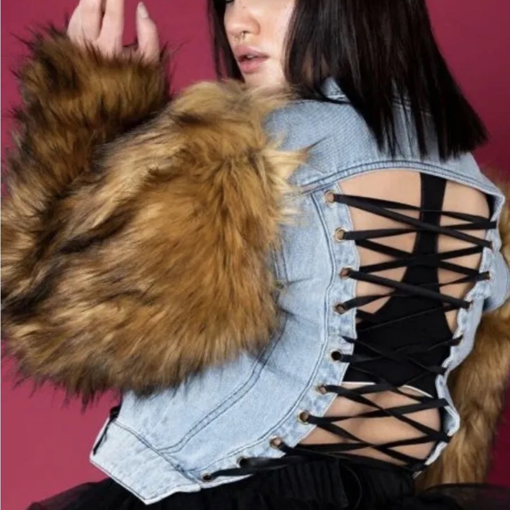 Denim Jacket with Brown Faux Fur Sleeves NWOT - Picture 6 of 9